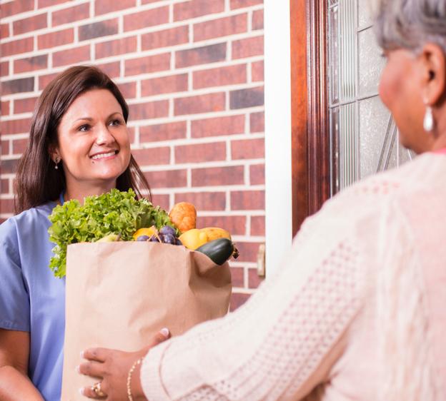A person delivering a brown paper bag full of groceries
